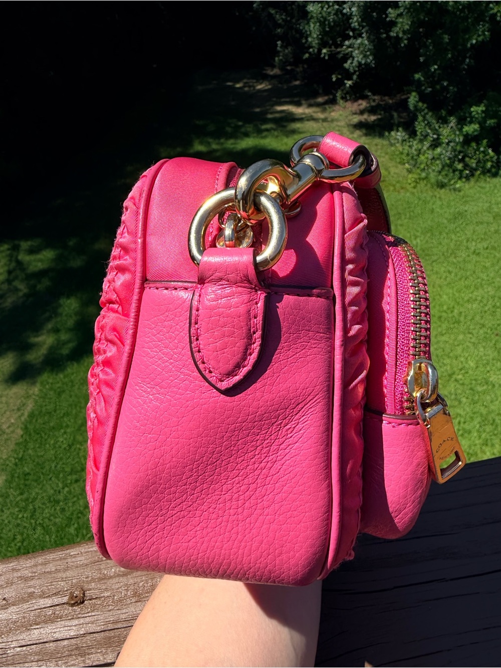 Coach Court Crossbody Hot Pink Ruched Double Zip Leather Nylon Gold Hardware - Picture 8 of 15